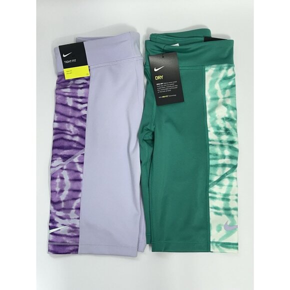 Nike Dri-Fit 9" Compression Biker Shorts Girls Medium LOT of 2 Purple/Green - Picture 1 of 8